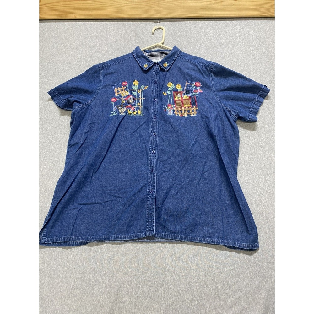 Vtg Bobbie Brooks Spring Summer Harvest Embroidered Denim Shirt Women's 22/24W